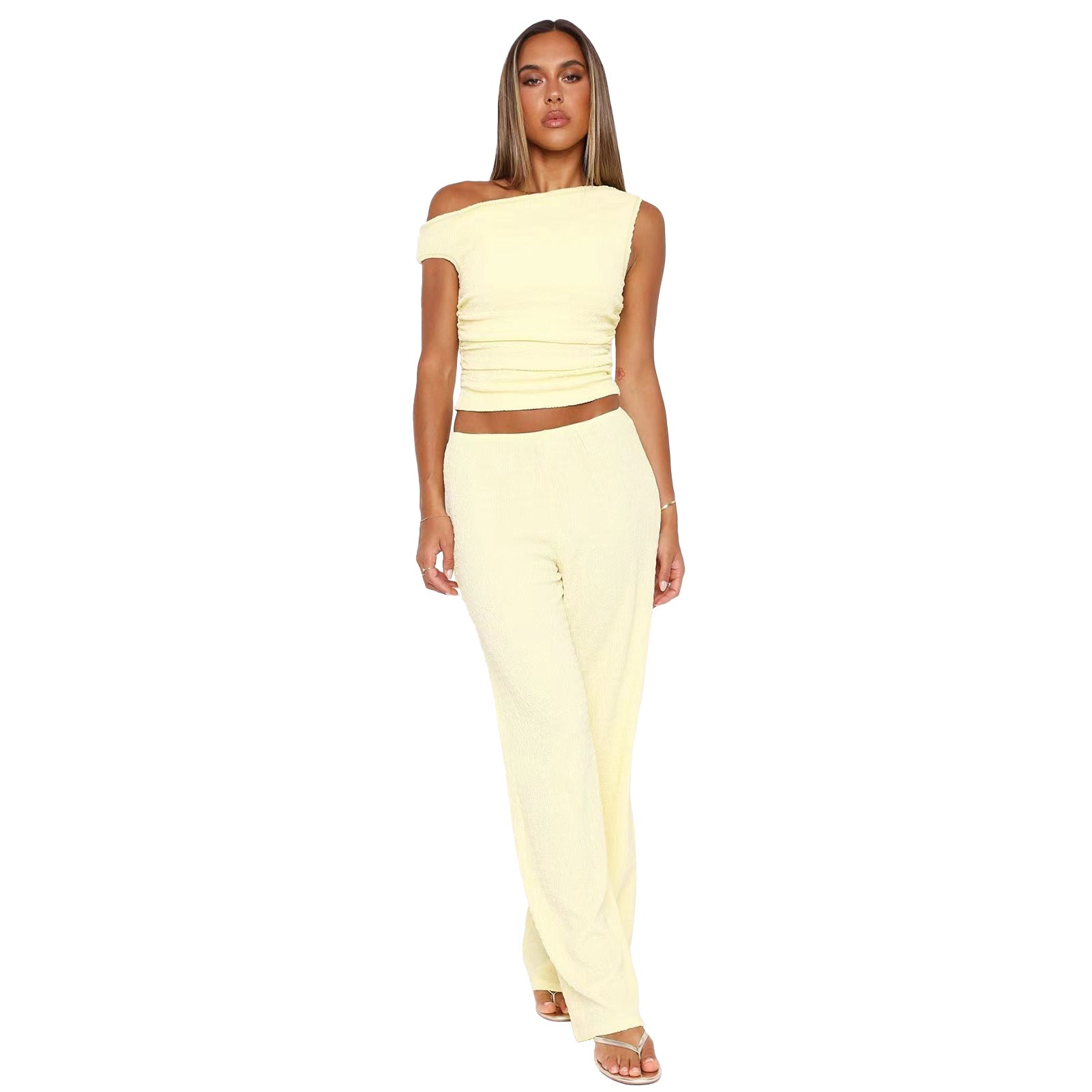 Woman in a yellow two-piece outfit showcasing Fashion with Beautiful Wide Leg Pants Set