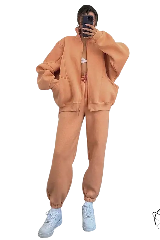 Comfy stand collar cardigan sweater suit in peach fleece