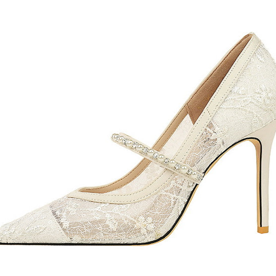 Langry fashion ivory lace Mary Jane stiletto heels with gold tip
