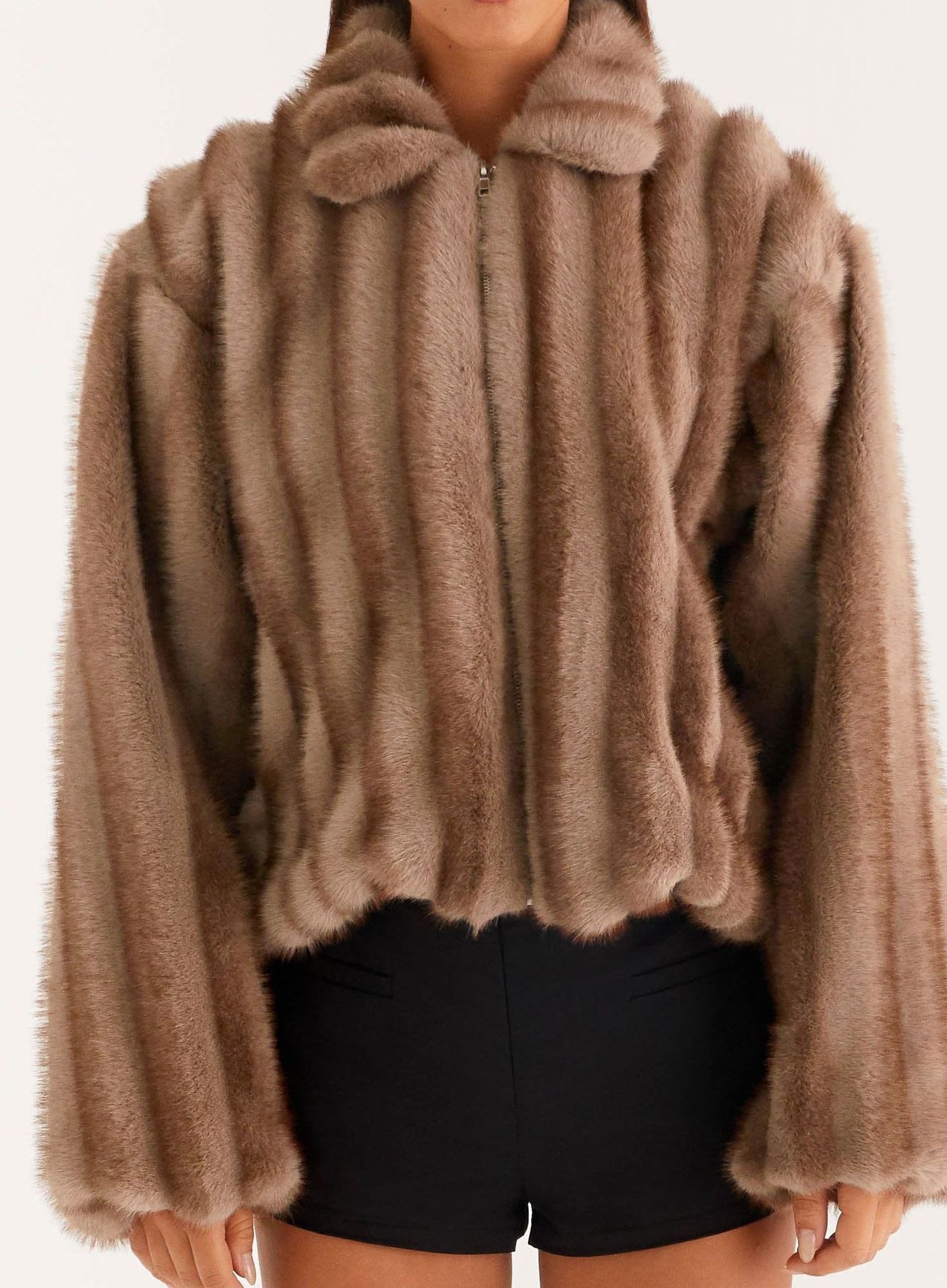 Beige faux fur cropped jacket with high collar and long sleeves