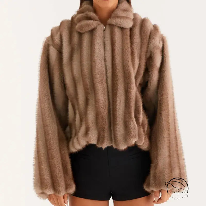 Beige faux fur cropped jacket with high collar and long sleeves in loose warm furry fashion