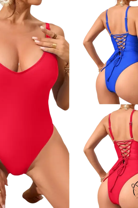 Slim looking one piece swimsuit in red, sold with free shipping