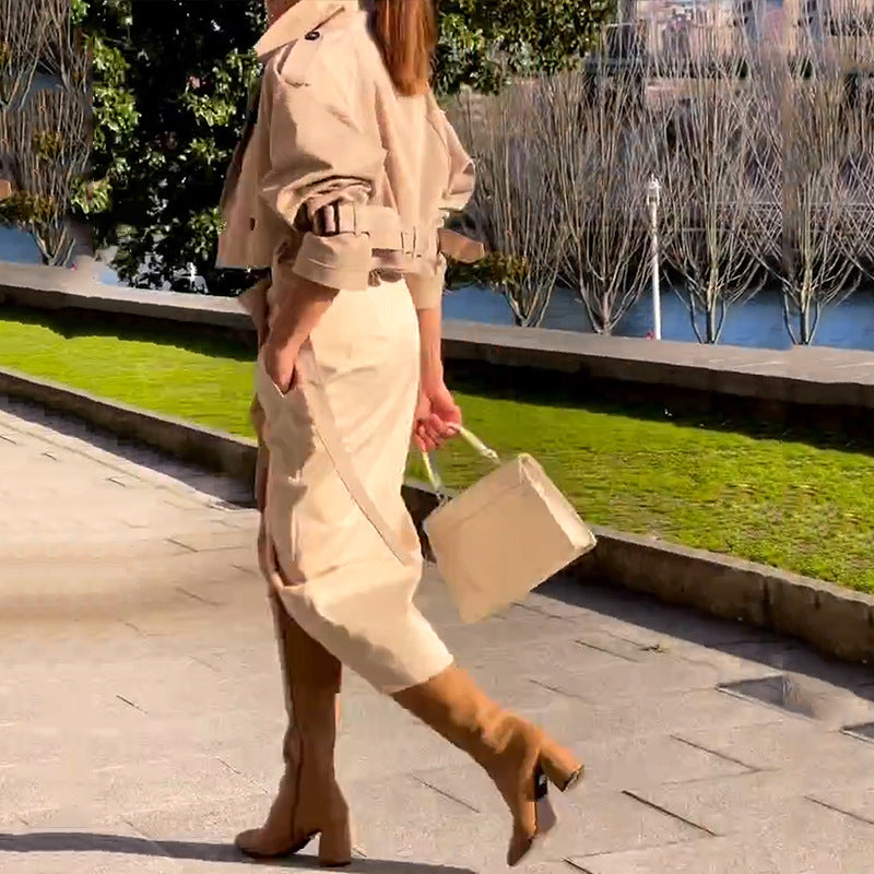 Beige trench coat outfit showcasing Ladies Suit Autumn Hard Casual style in langry fashion and ملابس