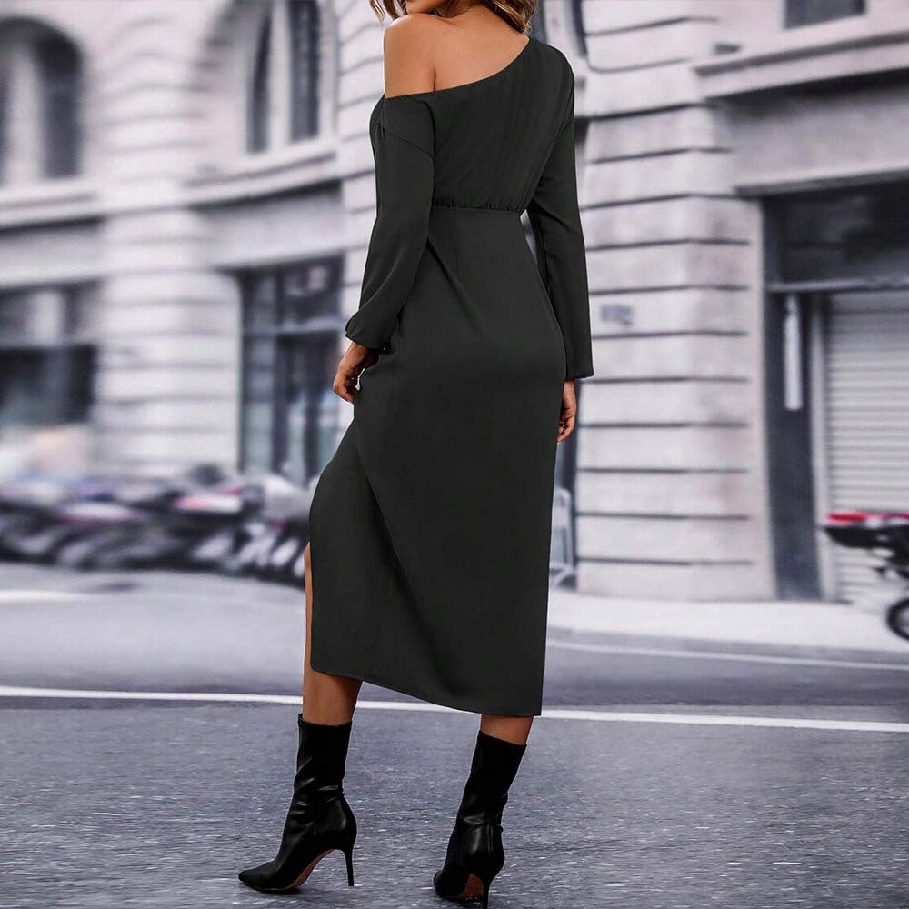 Elegant Intellectual Midi Dress in black with one-shoulder design and slit, stylish fashion essence