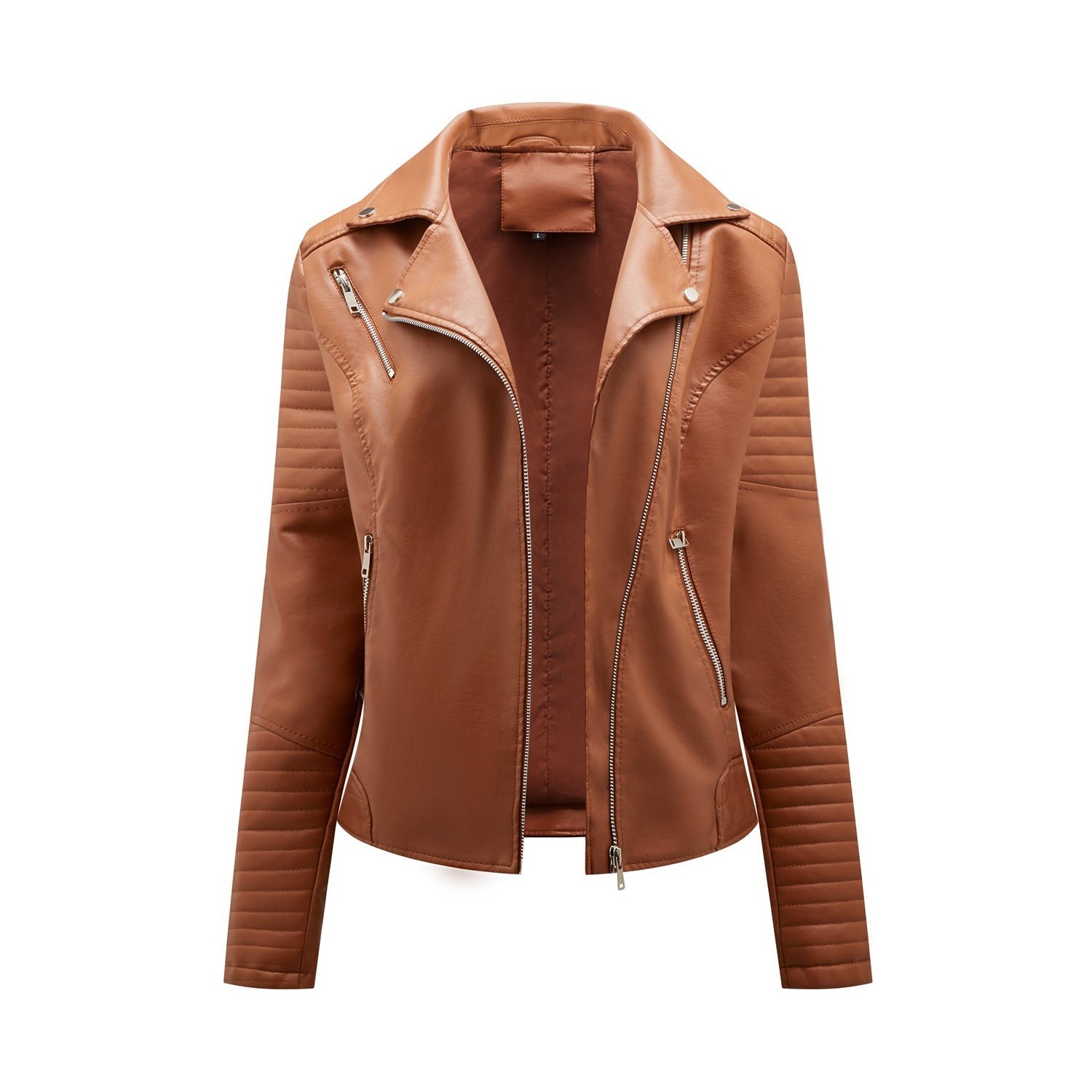 Brown faux leather moto jacket from the FALL LEATHER COAT collection, perfect for autumn