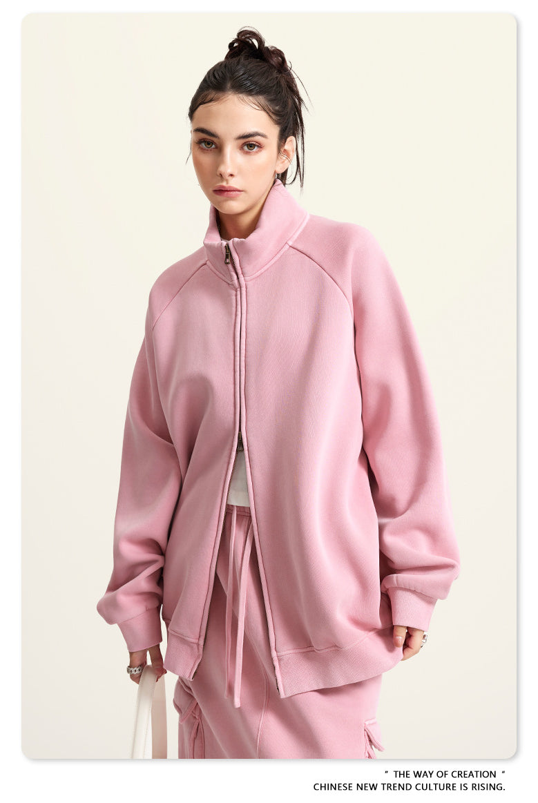 Pink zip-up sweatshirt with raglan sleeves in Langry’s Winter Heavy Retro Jacket fashion