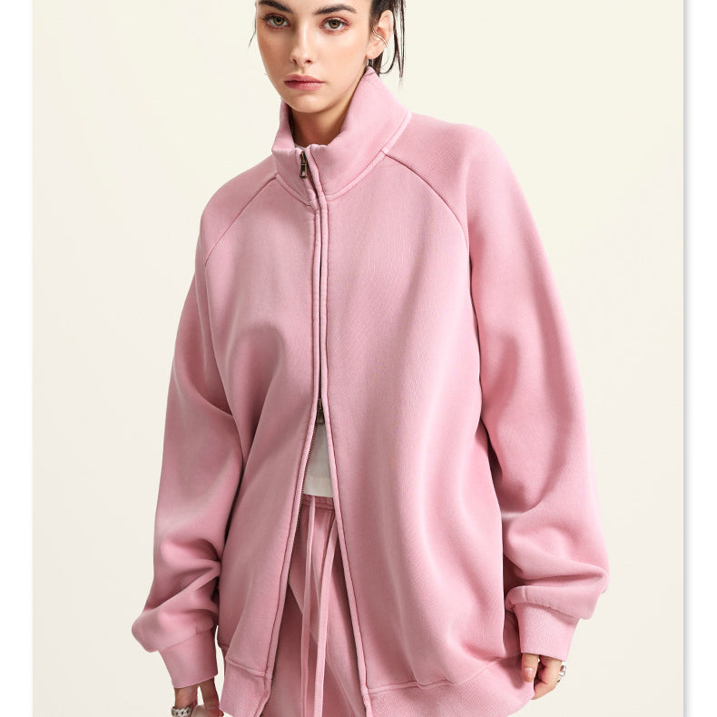 Pink zip-up sweatshirt with raglan sleeves in Langry’s Winter Heavy Retro Jacket fashion