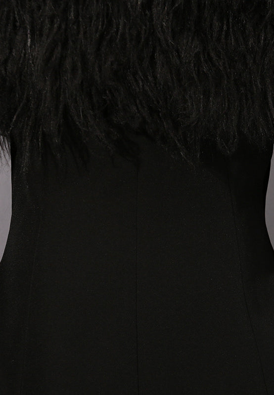 Elegant Langry fashion black fur-trimmed business blazer with high collar