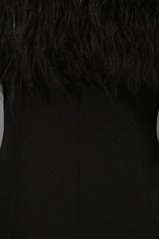 Elegant Langry fashion black fur-trimmed business blazer with high collar