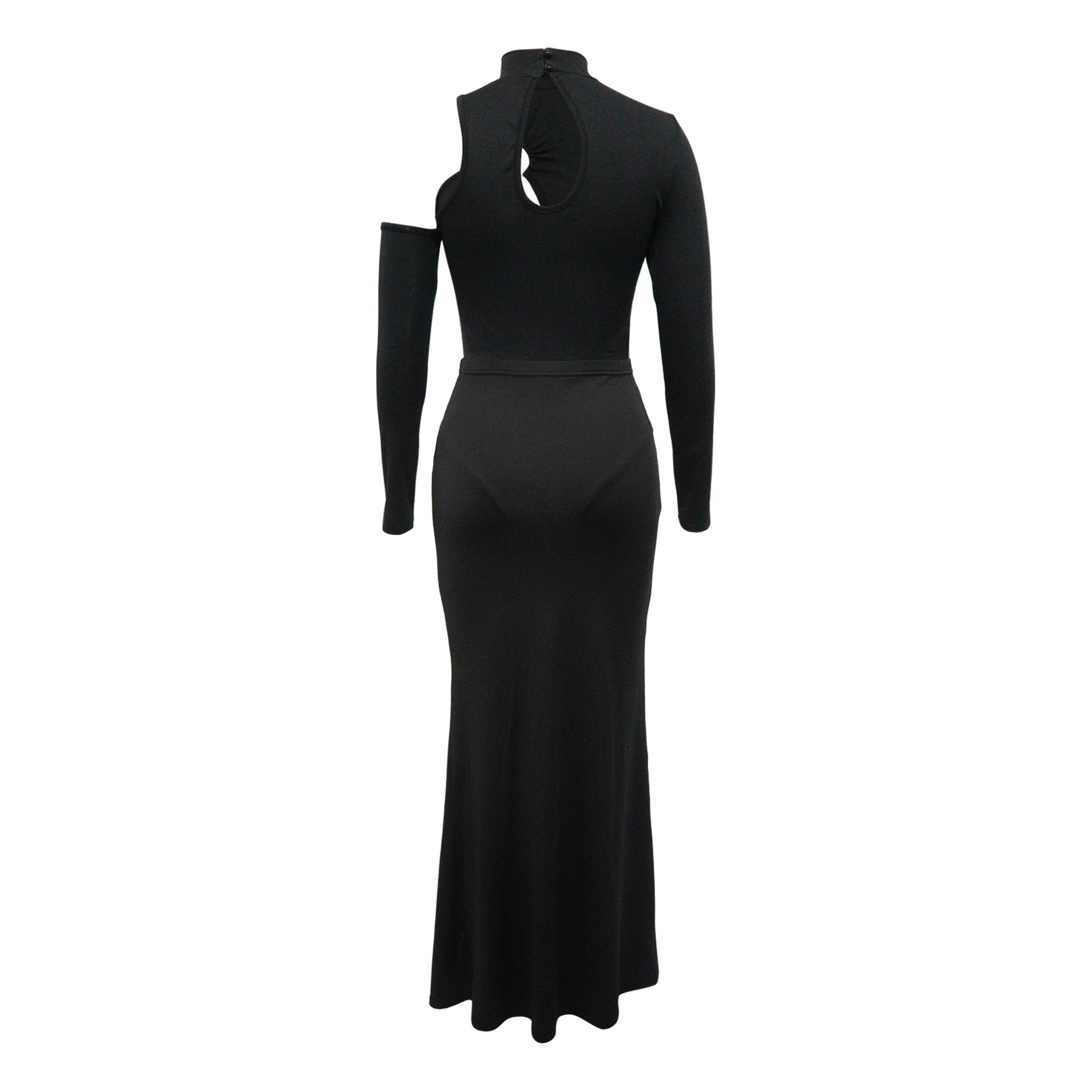 Elegant black long-sleeved cut-out maxi dress showcasing sophistication in fashion and ملابس