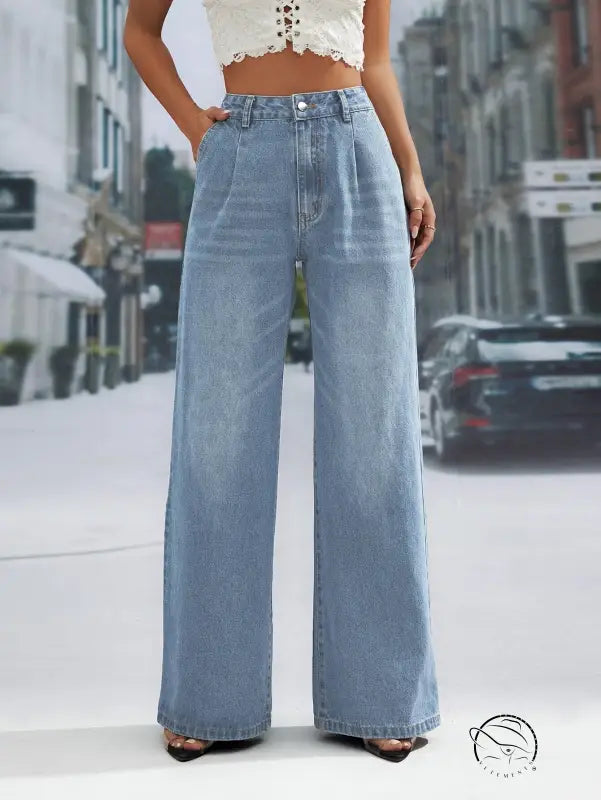 Light wash high-waisted wide leg denim fashionable figure flattering jeans