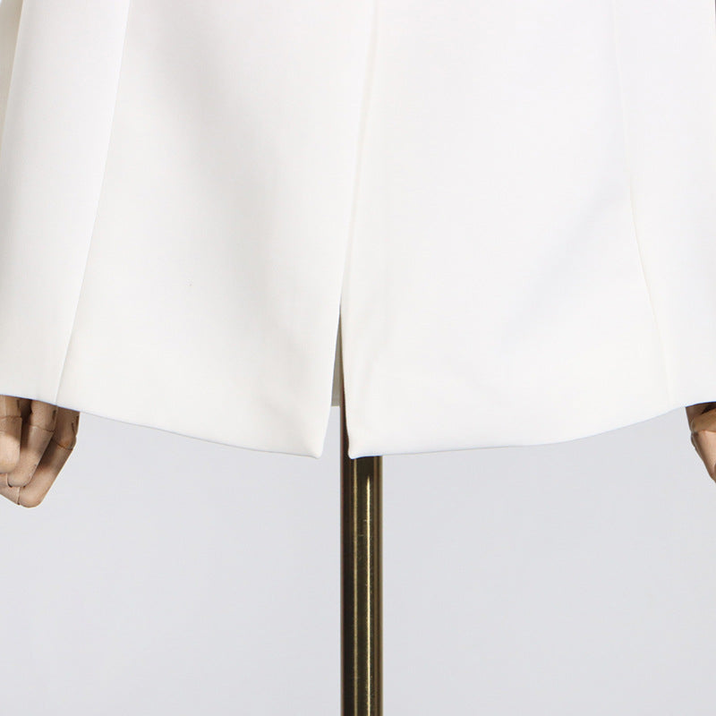 White blazer with back vent featured in Summer Off Shoulder Floral Pocket Dress