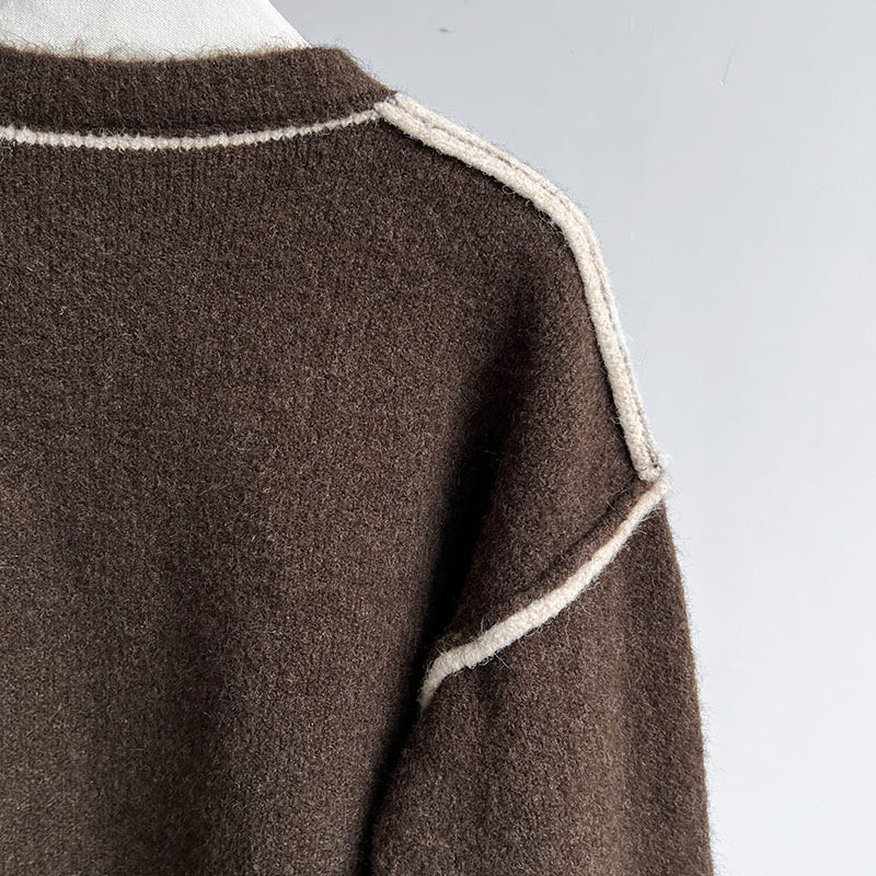 Brown knit Loose Casual Cozy Sweater with white contrast stitching for stylish fashion