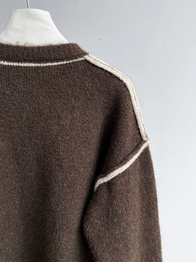 Brown knit Loose Casual Cozy Sweater with white contrast stitching for stylish fashion