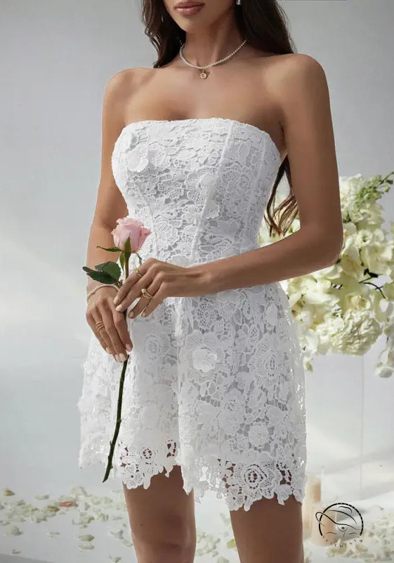 Beautiful short white lace strapless romper evening dress