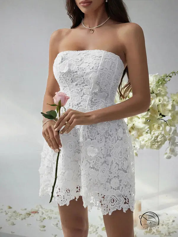 Beautiful short white lace strapless romper evening dress