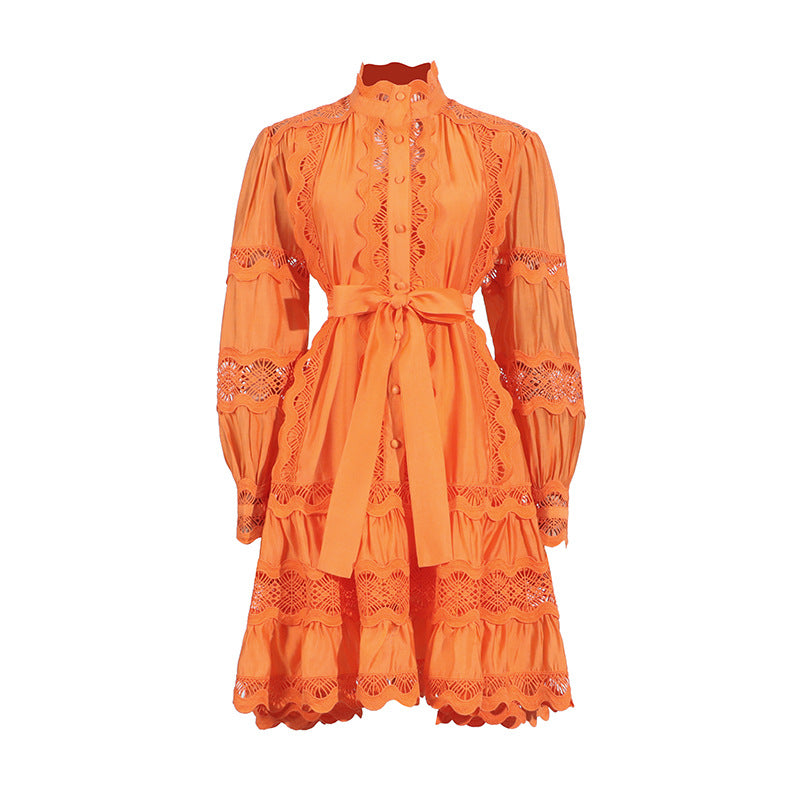 Elegant French Vintage Dress in orange long-sleeved lace-trimmed design for stylish fashion