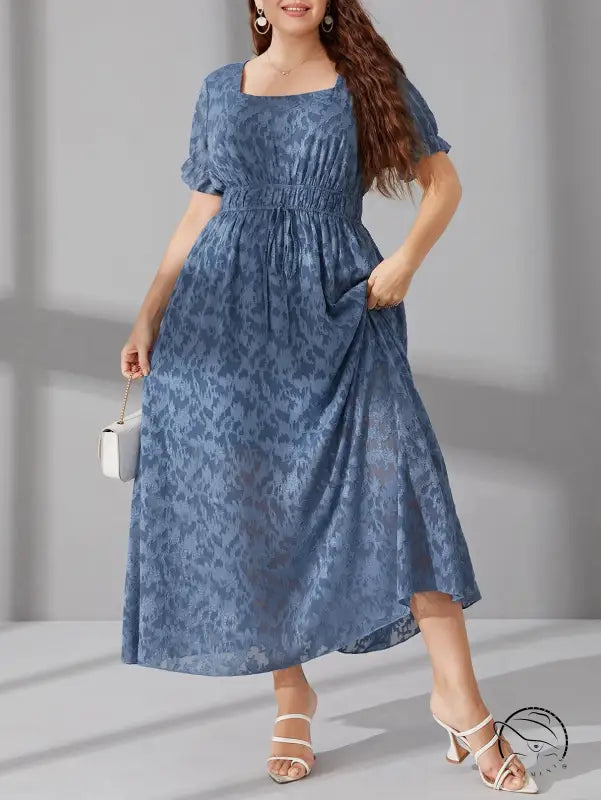 Elegant long elastic waist blue midi dress with square neckline and puff sleeves