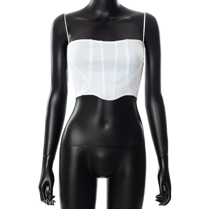 White corset-style crop top featuring open chest boning for a trendy, tight chest boning look