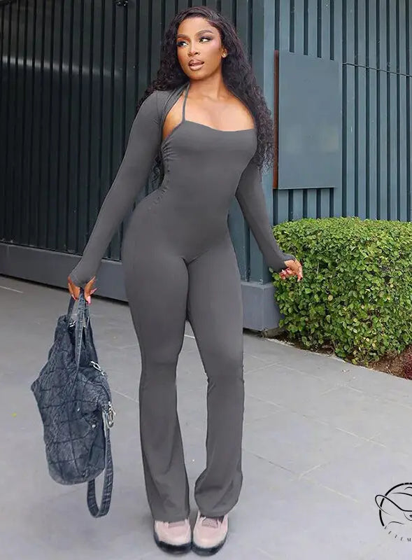 Gray casual tight jumpsuit two piece set with long sleeves