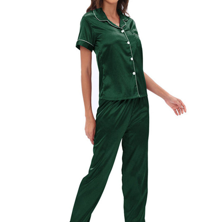 Green langry satin pajama set with button front and piping details