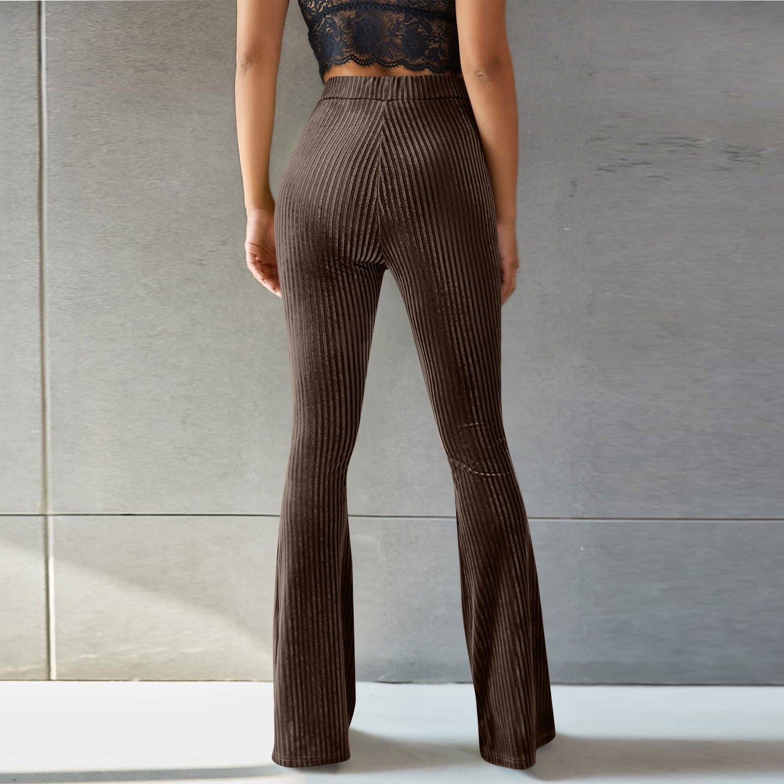 Brown ribbed high waist pleuche sunken stripe flared pants for stylish women