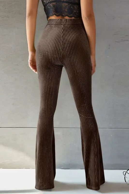 High waist pleuche sunken stripe pants in brown ribbed flared style