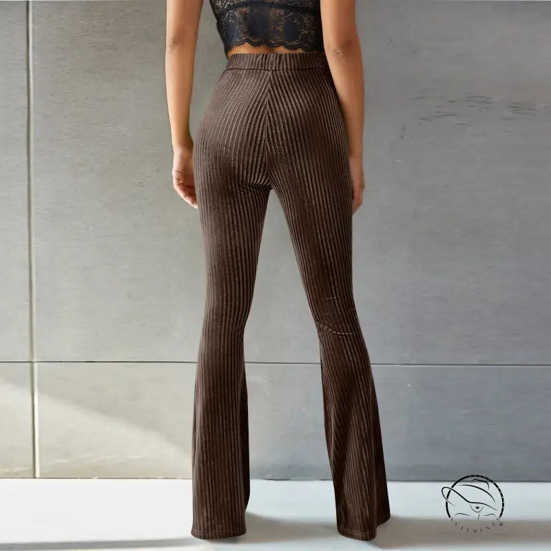 High waist pleuche sunken stripe pants in brown ribbed flared style