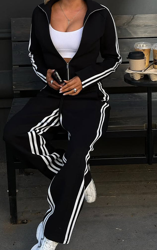Black long sleeve tracksuit with white stripes, zip-up front, casual fashion set