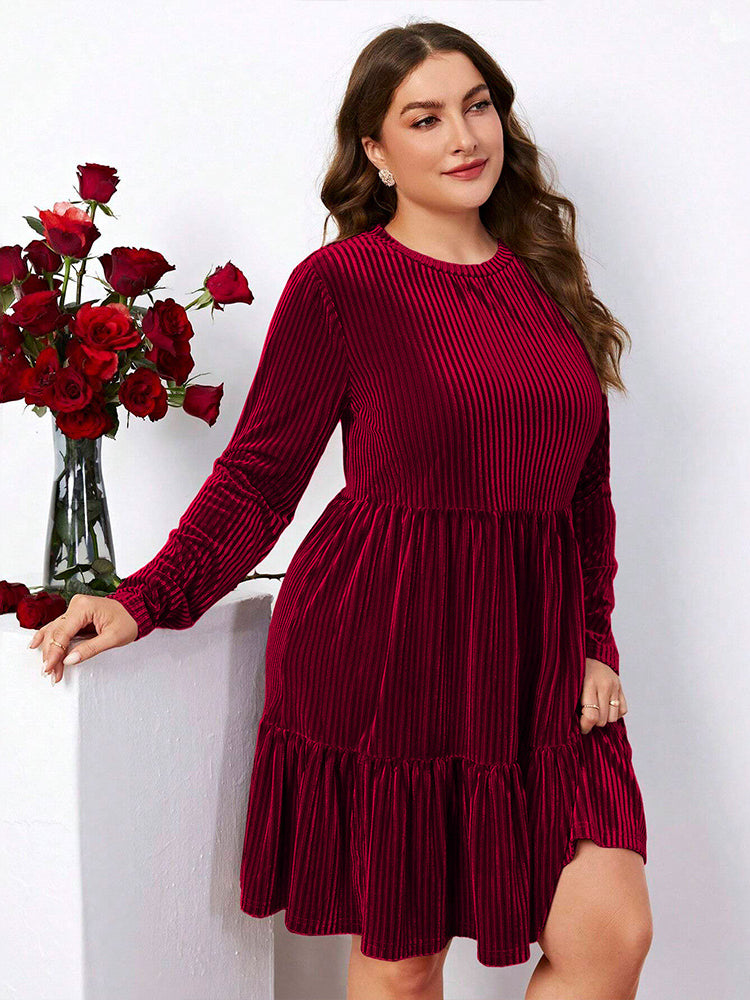 Burgundy velvet long-sleeved Elegant Winter High Waist A Line Dress showcasing luxury fashion