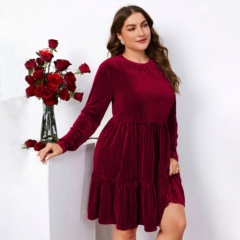 Burgundy velvet long-sleeved Elegant Winter High Waist A Line Dress showcasing luxury fashion