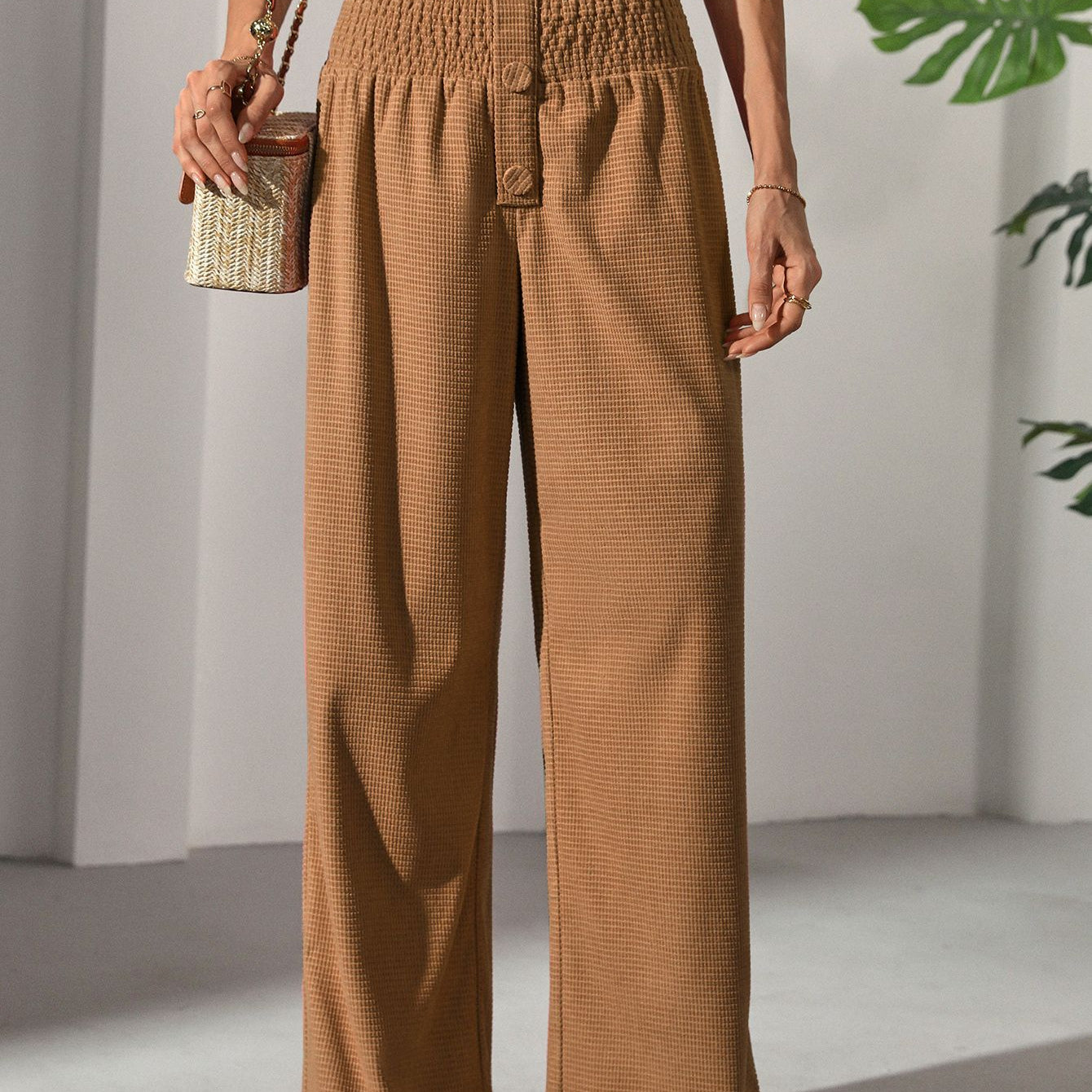 Women’s casual elegant French trousers with high-waisted wide-leg brown ribbed fabric