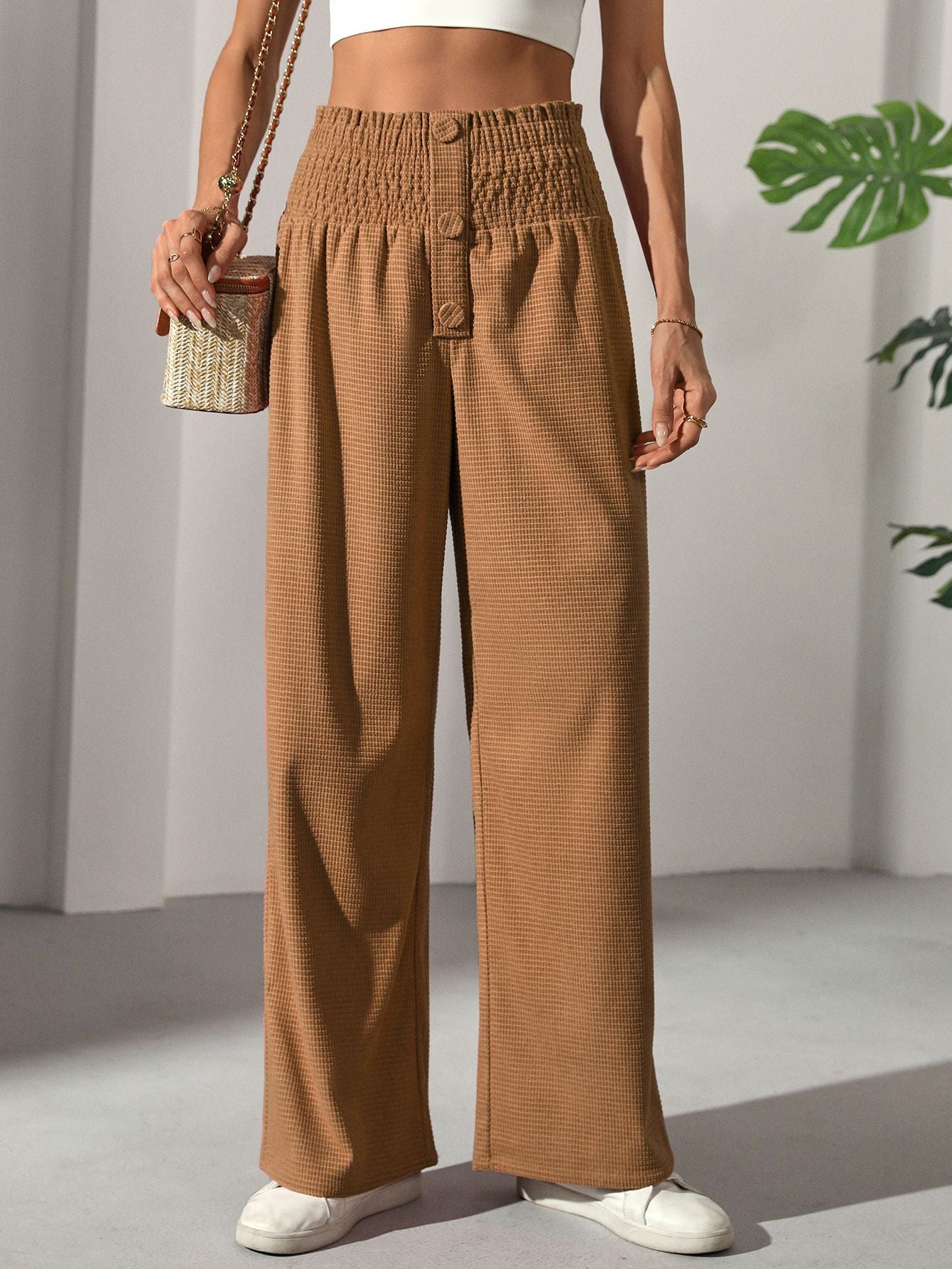 Women’s casual elegant French trousers with high-waisted wide-leg brown ribbed fabric