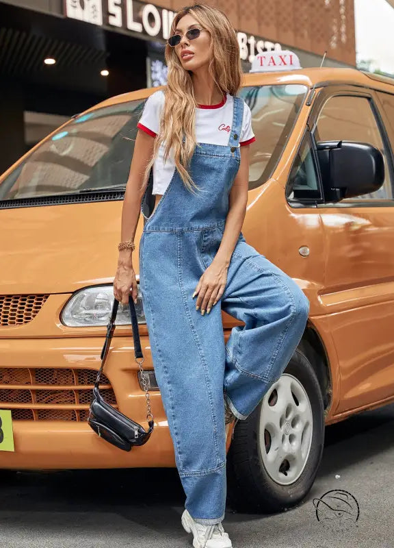 Casual denim jumpsuit with cropped t-shirt