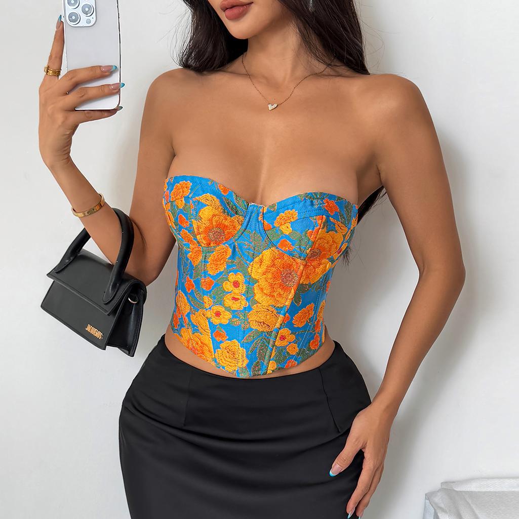 Langry blue strapless painting color slim vest corset with orange floral pattern