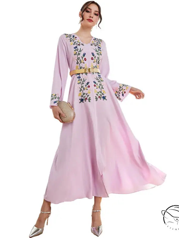 Langry fashion embroidered slim dress in light pink with floral details and belt