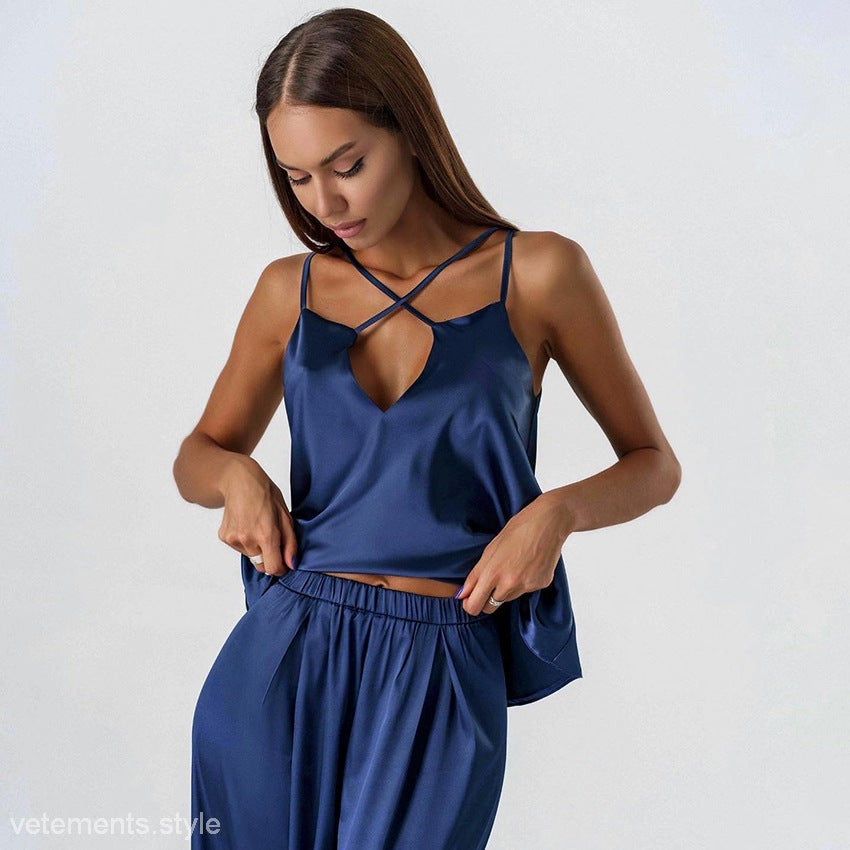 Navy blue satin pajama set from SILK COOL PAJAMAS, stylish silk sexy cool pajamas