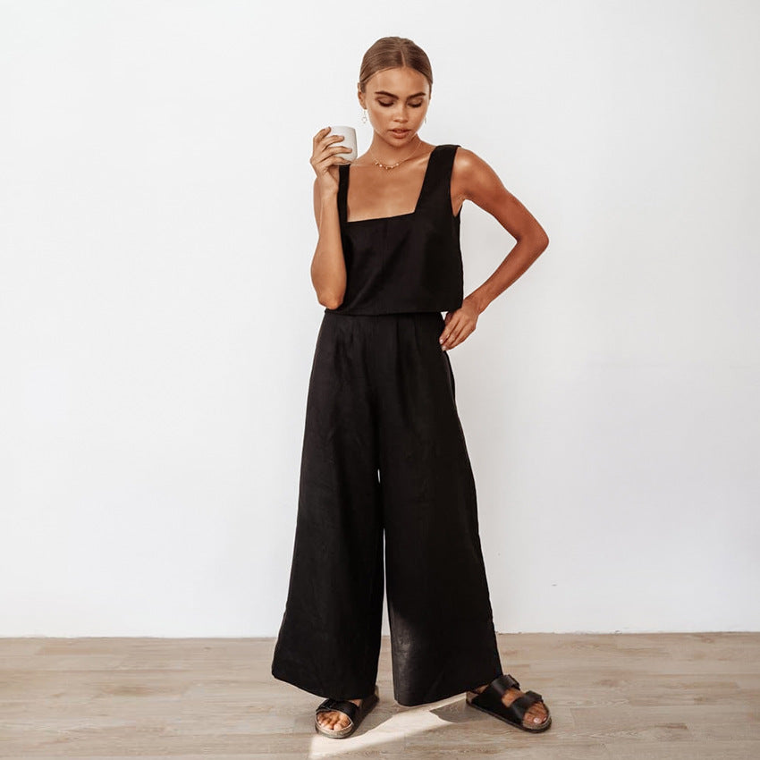 Black sleeveless jumpsuit from the Fashionable Cotton Linen Homewear Suit collection, stylish ملابس for relaxed fashion style