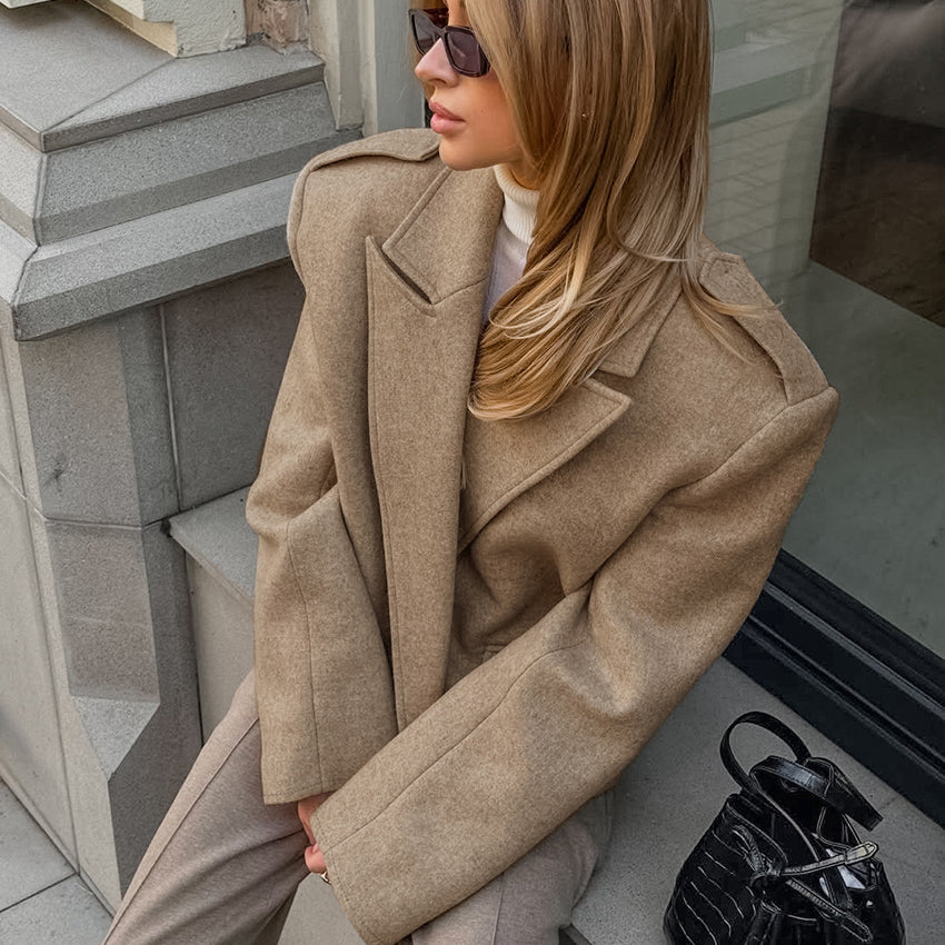 Beige langry fashion oversized wool coat with large lapels