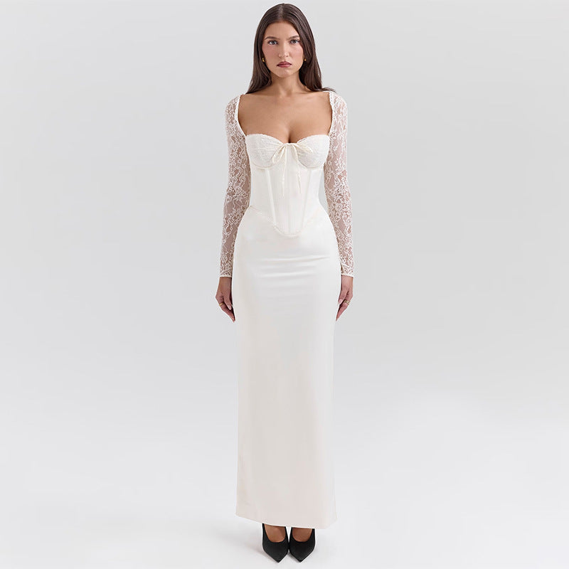 Elegant Lace Long Sleeve Slim Dress with stylish white lace sleeves for refined fashion