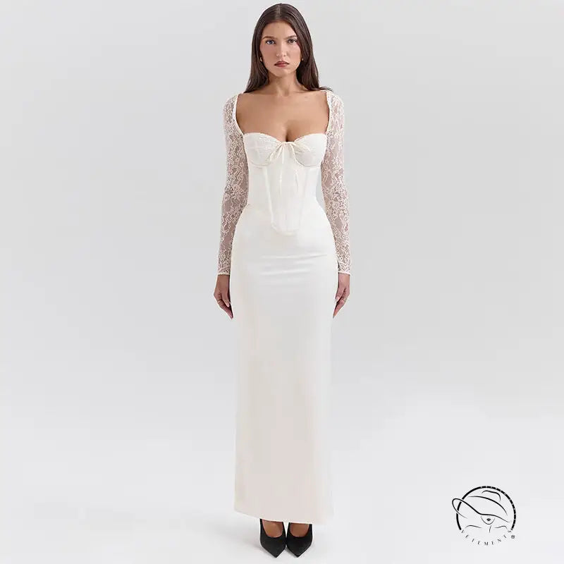 Elegant long sleeve lace slim dress in white fashion