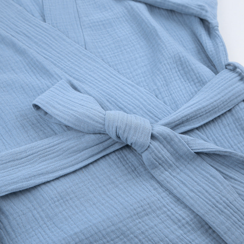 Light blue textured pure cotton casual nightgown with tied sash for langry comfort
