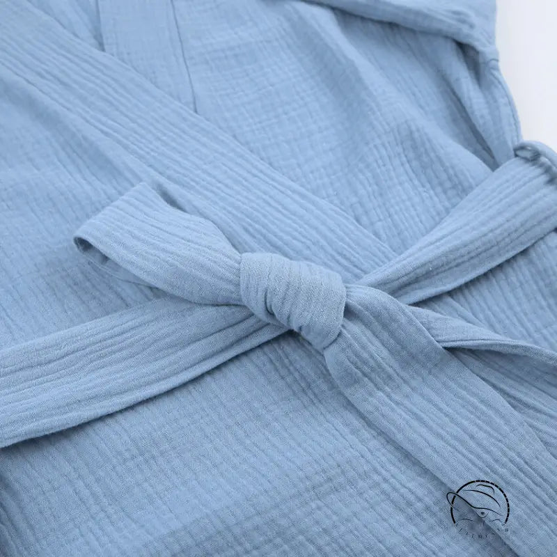 Pure cotton casual nightgown in light blue textured fabric robe with tied sash
