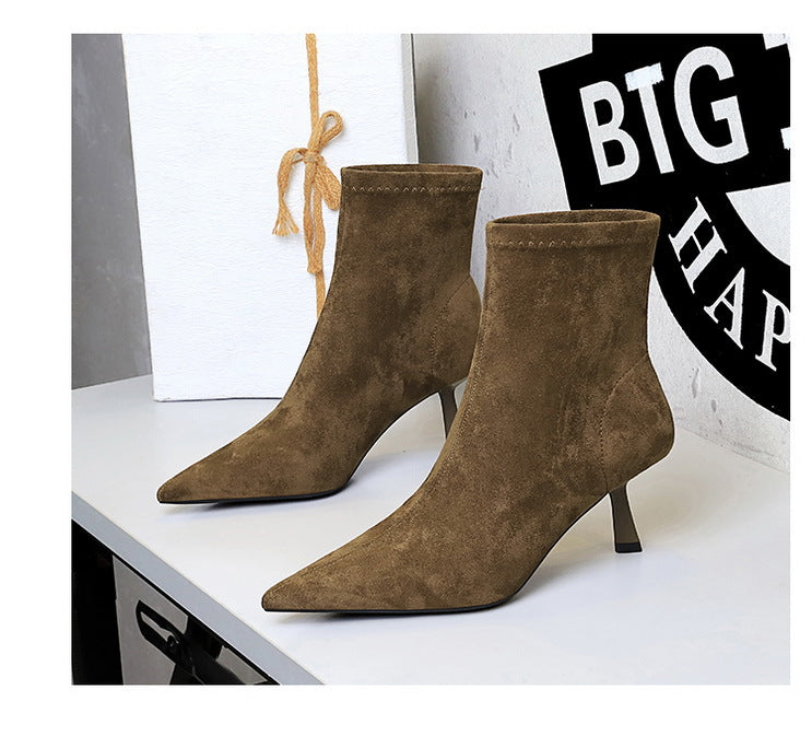 Langry fashion brown suede ankle boots with pointed toes and thin heels