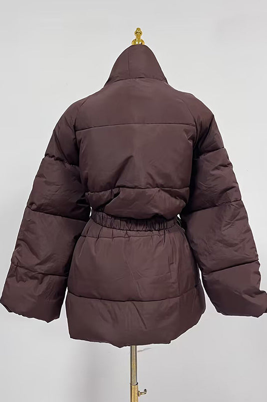 Langry fashion brown puffer down jacket with hood and elastic waistband