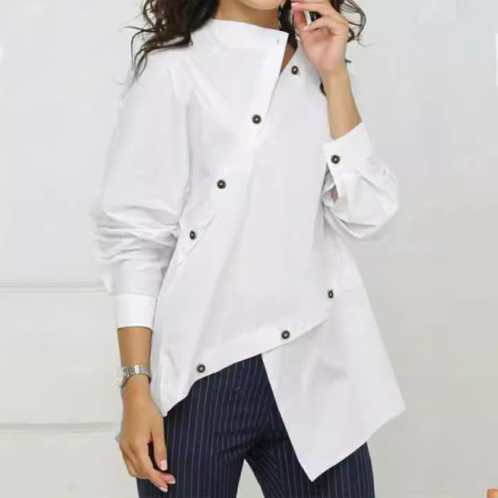 Asymmetrical white button-down shirt from Casual Diagonal Collar Shirt collection, for fashionable ملابس
