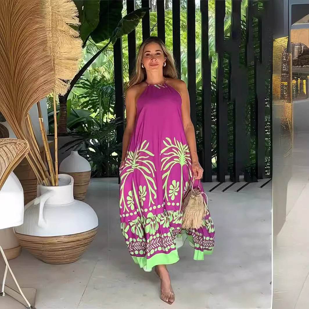 Spring Printed Sleeveless Loose Halter Dress Backless Women