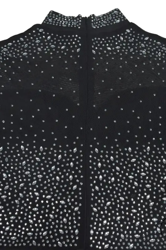 Black mesh top with rhinestones in amazing split maxi dress