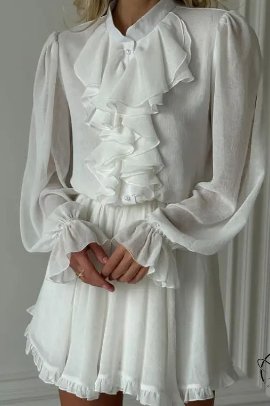 Elegant white ruffled langry fashion blouse and skirt set