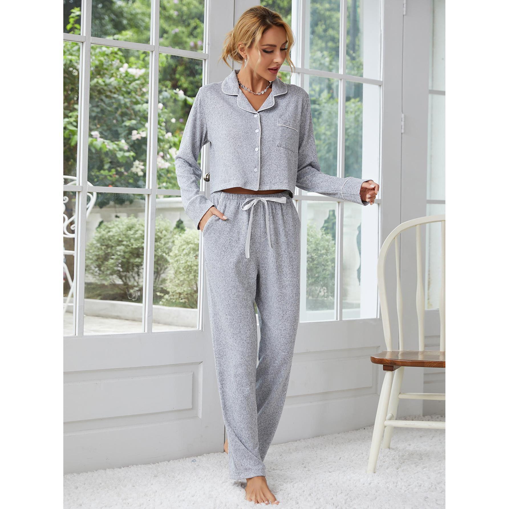 Grey polka dot home wear pajama set with cropped top and drawstring trousers for fashion and comfort